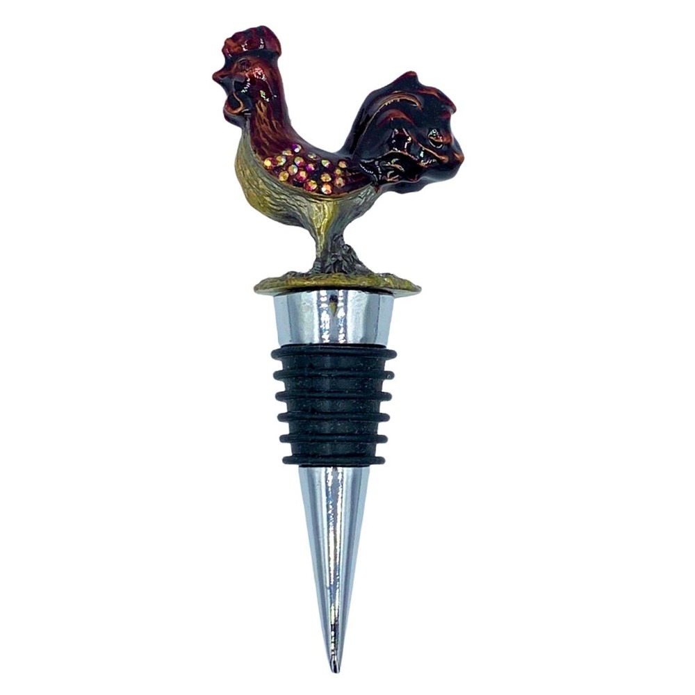 Bejeweled Rooster Wine Bottle Stopper, Enameled Pewter Rhinestones